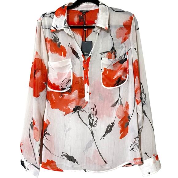 Milano size large womens sheer long sleeve v-neck floral button front blouse NWT - Picture 1 of 11